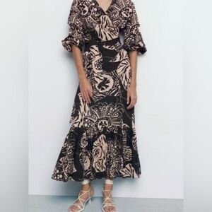 Zara - Woman Brown and Cream Trumpet Maxi/Medi Skirt